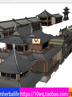 H88山西仿古建筑古戏楼仿古茶楼山西民居仿古商城商铺商号SU模型