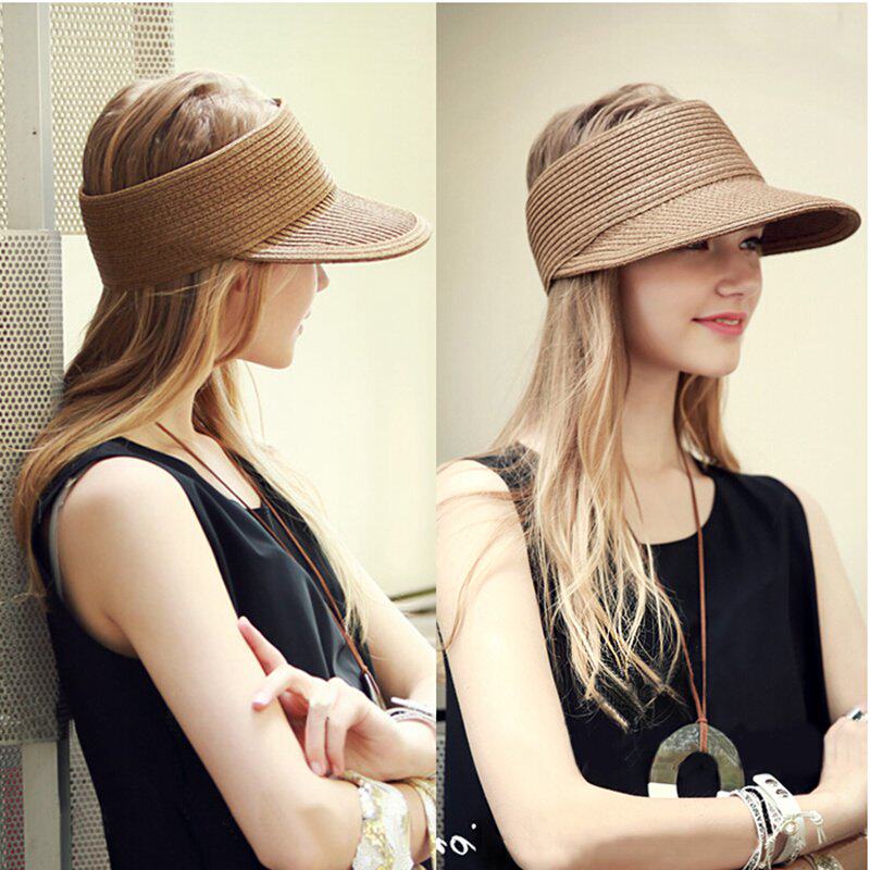 新款空顶防晒草编帽女可折叠休闲大檐草帽夏季度假遮阳鸭舌棒球帽