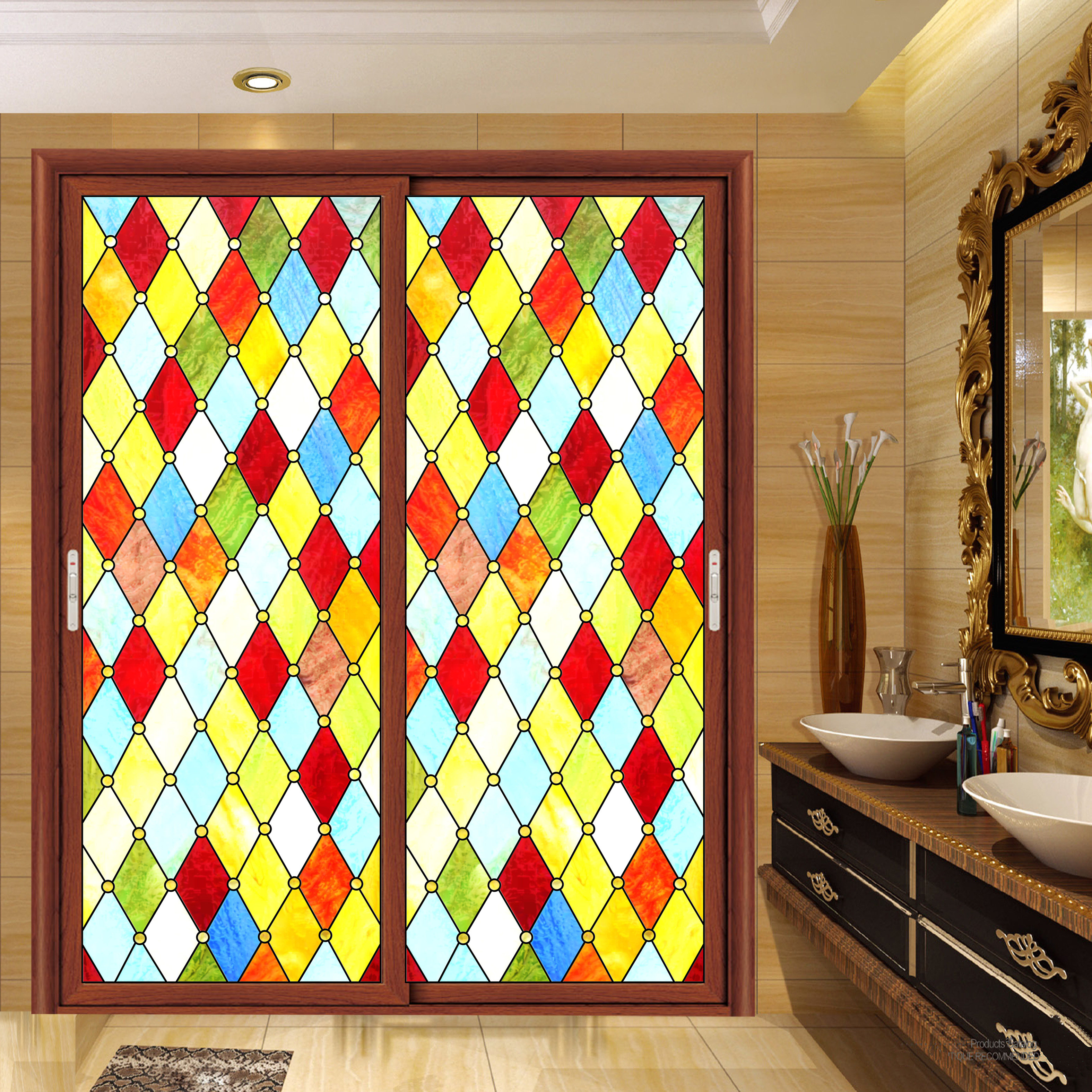 欧式彩色玻璃贴纸 彩绘艺术磨砂玻璃贴膜复古教堂玻璃衣柜门贴膜