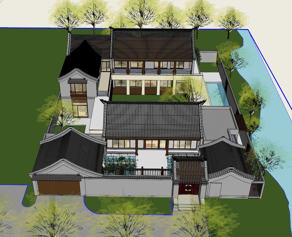 现代仿古建筑中式徽派 四合院别墅 新中式 古建筑古镇精品su模型