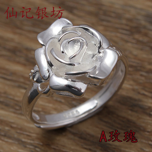 开口戒指手工玫瑰花镂空银饰品