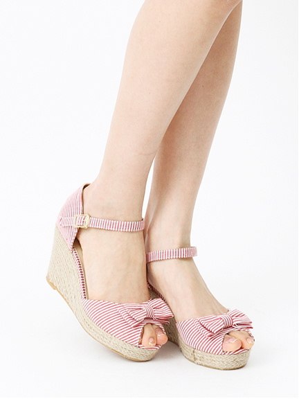 日单外贸夏新款高跟凉鞋日系蝴蝶结小清新防水台坡跟草编凉鞋女鞋