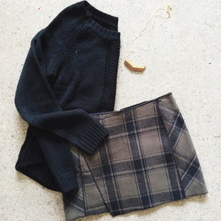 FP秋冬新款欧美低腰复古格子毛呢半身裙短裙女显瘦大码包臀a字裙