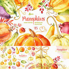 P0122高清PS设计素材 水彩图案南瓜金黄色落叶果实花环PNG免抠图