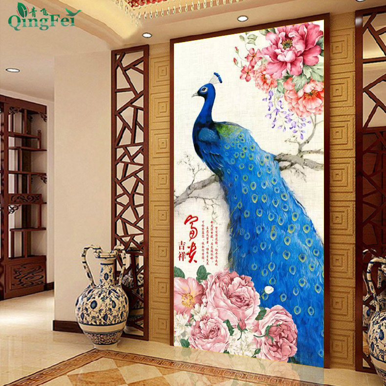 青飞富贵吉祥蓝孔雀十字绣客厅牡丹花开富贵玄关满绣有钻石画