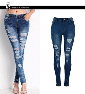 9555111精品弹力破洞Boyfriend铅笔小脚