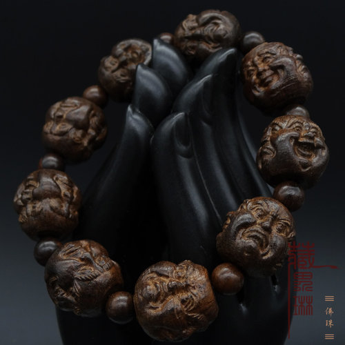 沉香木皮黑木黑檀雕喜怒哀乐佛珠