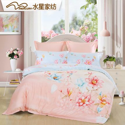 水星家纺 全棉贡缎活性印花四件套 春之意 植物花卉床品2017新品