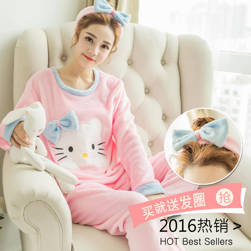 加厚加绒珊瑚绒毛毛绒睡衣女法莱绒可爱龙猫冬装冬天保暖套头套装