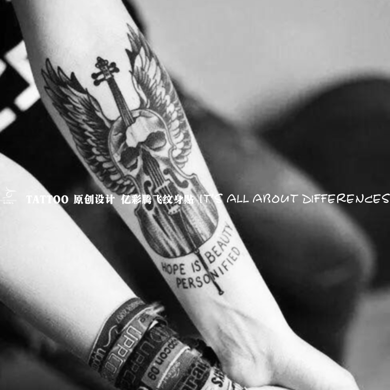 亿彩腾飞翅膀大提琴花臂纹身贴防水纹身贴男花臂纹身贴纸仿真原创