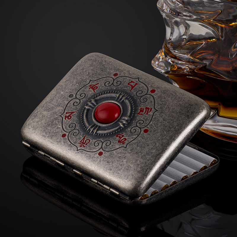 正品双枪16支装纯铜烟盒 古银佛佑平安 男士超薄创意自动香菸盒子