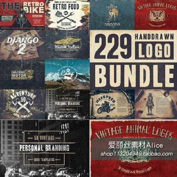 [400]229个欧美复古手绘LOGO大全 AI矢量设计素材含PSD格式