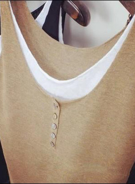 复古纯色大码宽松夏季外穿假两件背心女打底衫棉麻针织衫上衣吊带