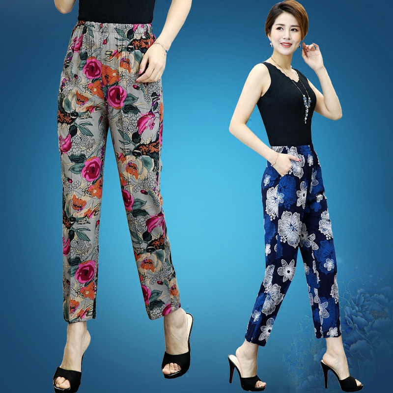 Mom outfit Cotton silk printing Ninth pants summer Easy Large Elastic waist trousers Middle and old age Women's wear Casual pantsin the Women's clothing/Boutique , Pants , Casual pants  category - from Buy2taobao.com to provide professional Taobao agent buy service