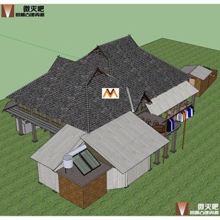 L492傣族民居SU模型精细傣族建筑SU模型干栏式建筑SU模型配套设施