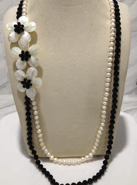 水晶毛衣链长款多层花朵天然珍珠