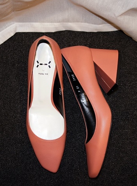 韩国代购YUUL YIE 16春夏楔形跟牛皮羊皮浅口方头舒适粗跟高跟鞋