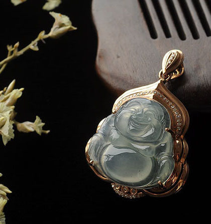 缅甸天然翡翠A货玉佛冰种18K玖瑰金镶玉镶钻大肚佛 礼物吊坠玉坠