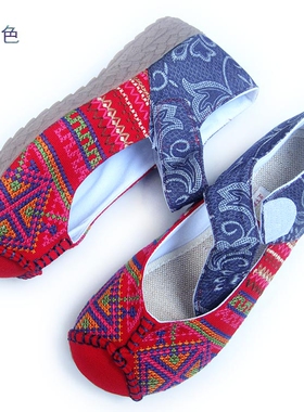 新款足下有福正品绣花鞋民族风牛筋底圆头女鞋老北京布鞋D753红色