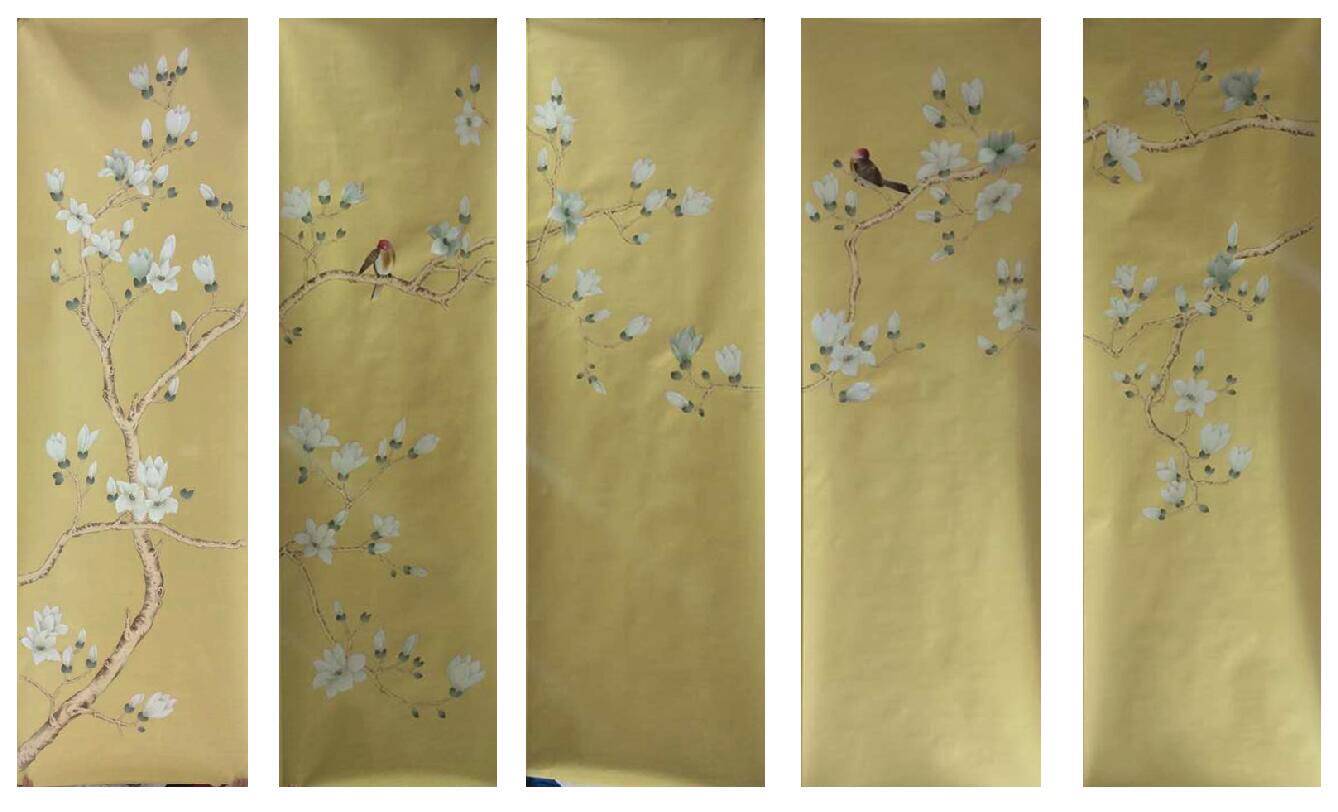 真丝手绘手绣工笔玉兰花鸟背景墙墙纸丝绸手绘墙纸新中式