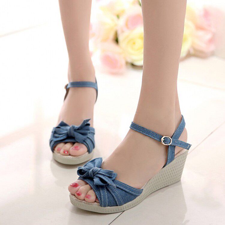 Korean Edition The thickness of the bottom summer girl Sandals Women's Shoes new pattern Denim Word buckle With slope bow Sweet studentin the Women's Shoes, Sandals  category - from Buy2taobao.com to provide professional Taobao agent buy service