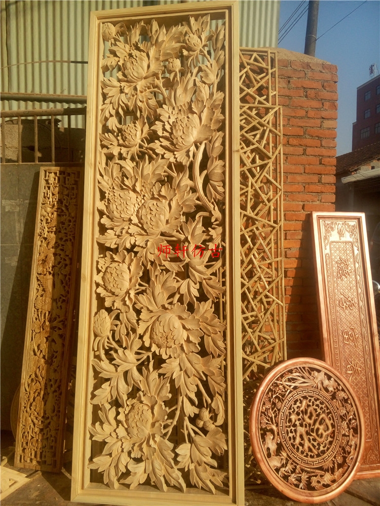 东阳木雕中式牡丹花开富贵中堂挂屏椴木手工雕刻深雕雕花板可定制