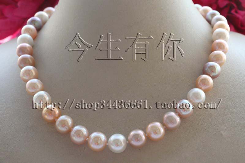 今生有你:天然12mm正圆白粉紫色混彩珍珠项链光泽好（银扣）