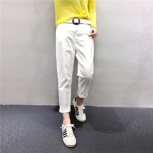 垮褲 2018新款 女秋韓版 高腰直筒哈倫九分褲 白色寬松牛仔褲 子歐洲站