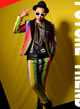 [独家]夜店男歌手DSDJ 七彩条纹视觉西装 大牌酒吧演出服舞台配饰