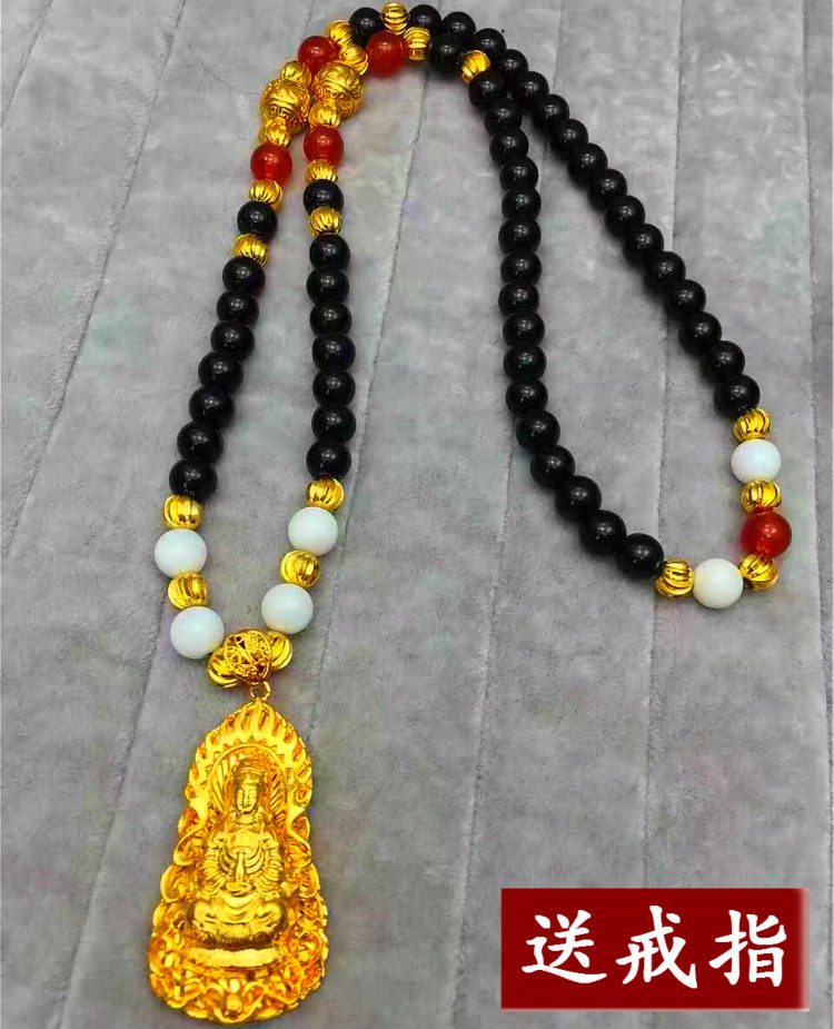 越南沙金手工项链男18K镀金仿真不掉色转运珠黑曜石观音圆珠链