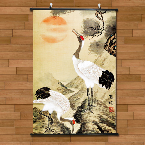 松鹤延年风水卷轴有框挂墙装饰画
