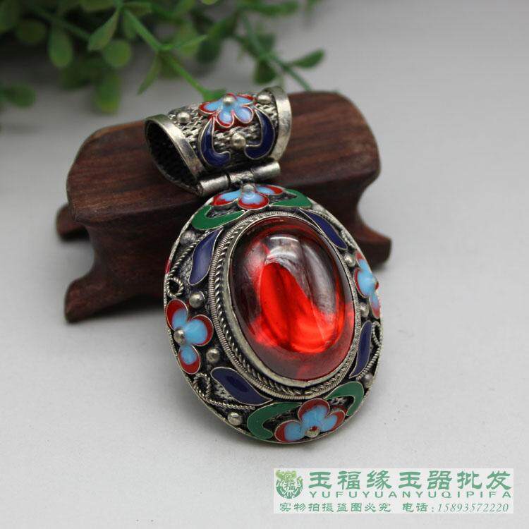 古玩杂项收藏 足银烤蓝景泰蓝镶蓝锆石挂坠红锆石吊坠配件