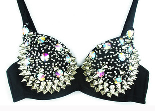 酒吧DJ女歌手DS夜店gogo演出服爵士钢管舞摇滚机车彩钻铆钉文胸