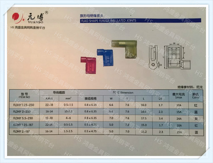 HS包邮FLDNY2-250尼龙全包弯角插簧旗形母绝缘端头1000只