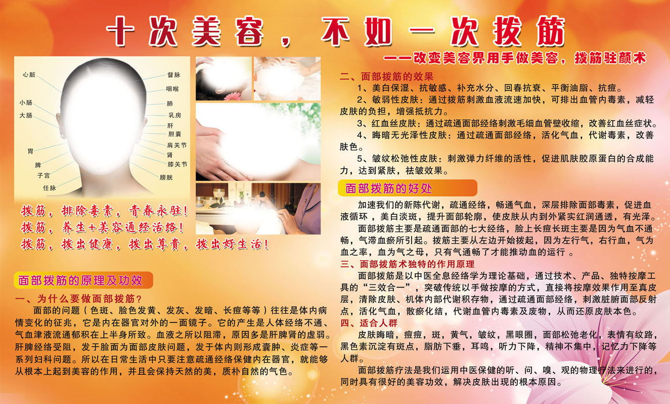 732海报印制展板写真喷绘452美容院介绍面部拨筋原理及功效海报