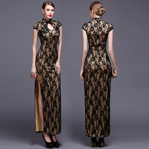 Эластичное кружевное длинное ципао в форме капли, вечернее платье
