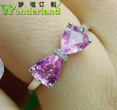 天然粉色蓝宝石刚玉彩色宝石18K金钻群镶女礼物蝴蝶结戒指环现货