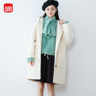 SUIN2019秋季 文艺宽松休闲学院茧型连帽羊羔毛牛角扣大衣女 新款