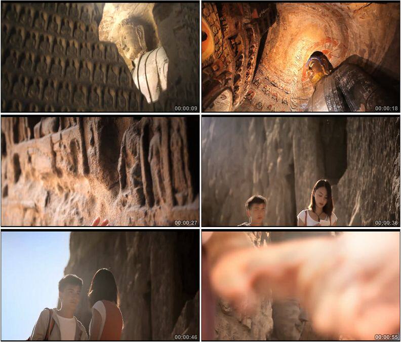 山西大同云冈石窟佛像情侣奔跑拜佛求缘高清实拍视频素材