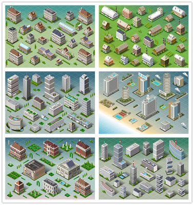 矢量设计素材 城市建筑isometric 轴测图2.5D图案 EPS格式