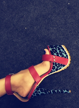 silla rulers女鞋凉超高跟拼色鞋走秀鞋夜店鞋红色/豹纹16厘米跟