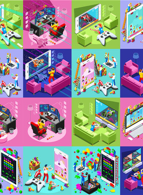 [441]15张扁平化立体isometric电子竞技游戏场景图AI矢量设计素材