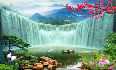 风景画山水画纸画现代装饰画瀑布墙画贴画客厅走廊大幅海报J827C