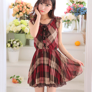 清仓特卖花炮大叔优雅格纹飞袖雪纺背心裙甜美修身显瘦百褶连衣裙