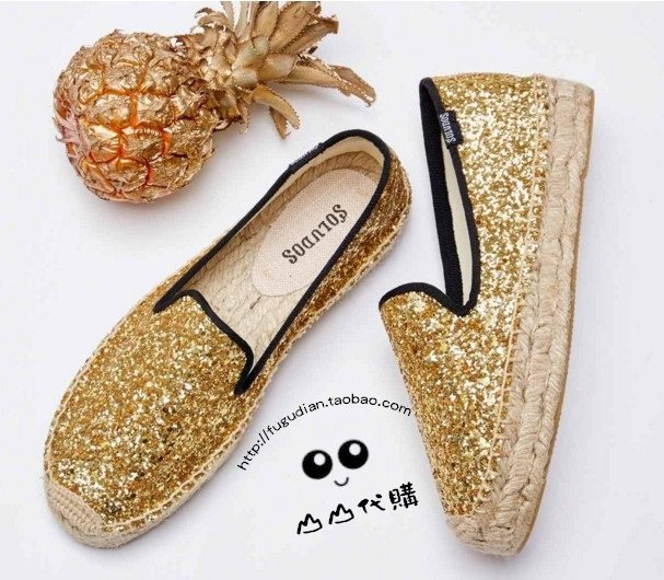 折现货/七年美代Soludos DISCO GLITTER 金灿灿party厚底草编单鞋