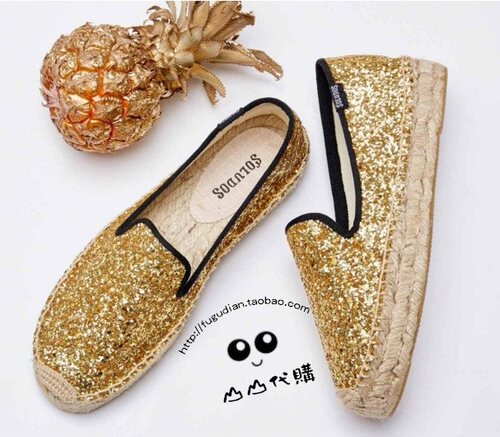 折现货/七年美代Soludos DISCO GLITTER 金灿灿party厚底草编单鞋