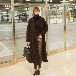 2017春装韩版毛呢外套学生仿呢子大衣宽松大码长款双排扣清仓显瘦