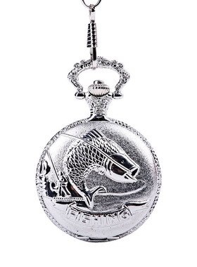 时尚大号银色粗链古典大鲤鱼复古石英怀表 全银色翻盖怀表 02145