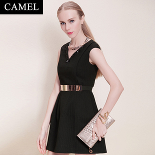 【非卖品】Camel骆驼女装欧美V领高腰显瘦无袖黑色中裙连衣裙
