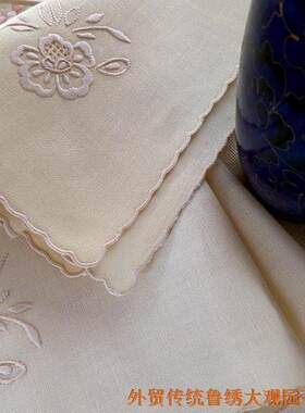西餐巾手绢手帕茶巾本色进口亚麻手绣花外贸鲁绣家居布艺40*40cm
